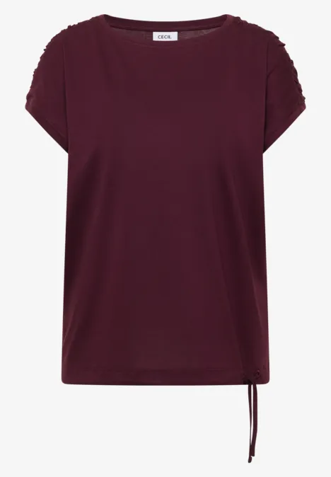 Bordeauxfarbenes Kurzarm-Shirt mit Rundhalsausschnitt und seitlicher Kordel zum Binden.